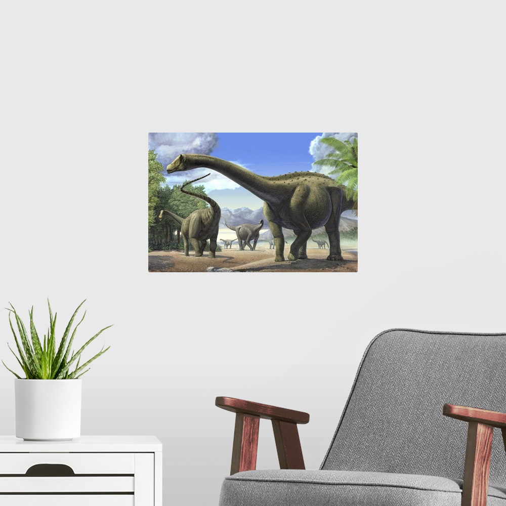 A modern room featuring A group of Tapuiasaurus macedoi dinosaurs.