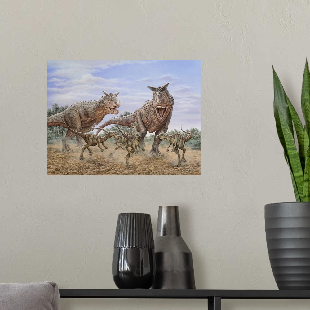 A modern room featuring A pair of Carnotaurus dinosaurs chasing a group of Gasparinisaura.