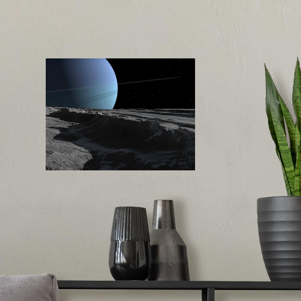 A modern room featuring A scene on the tortured, wrinkled terrain of Miranda, one of Uranus' many moons.
