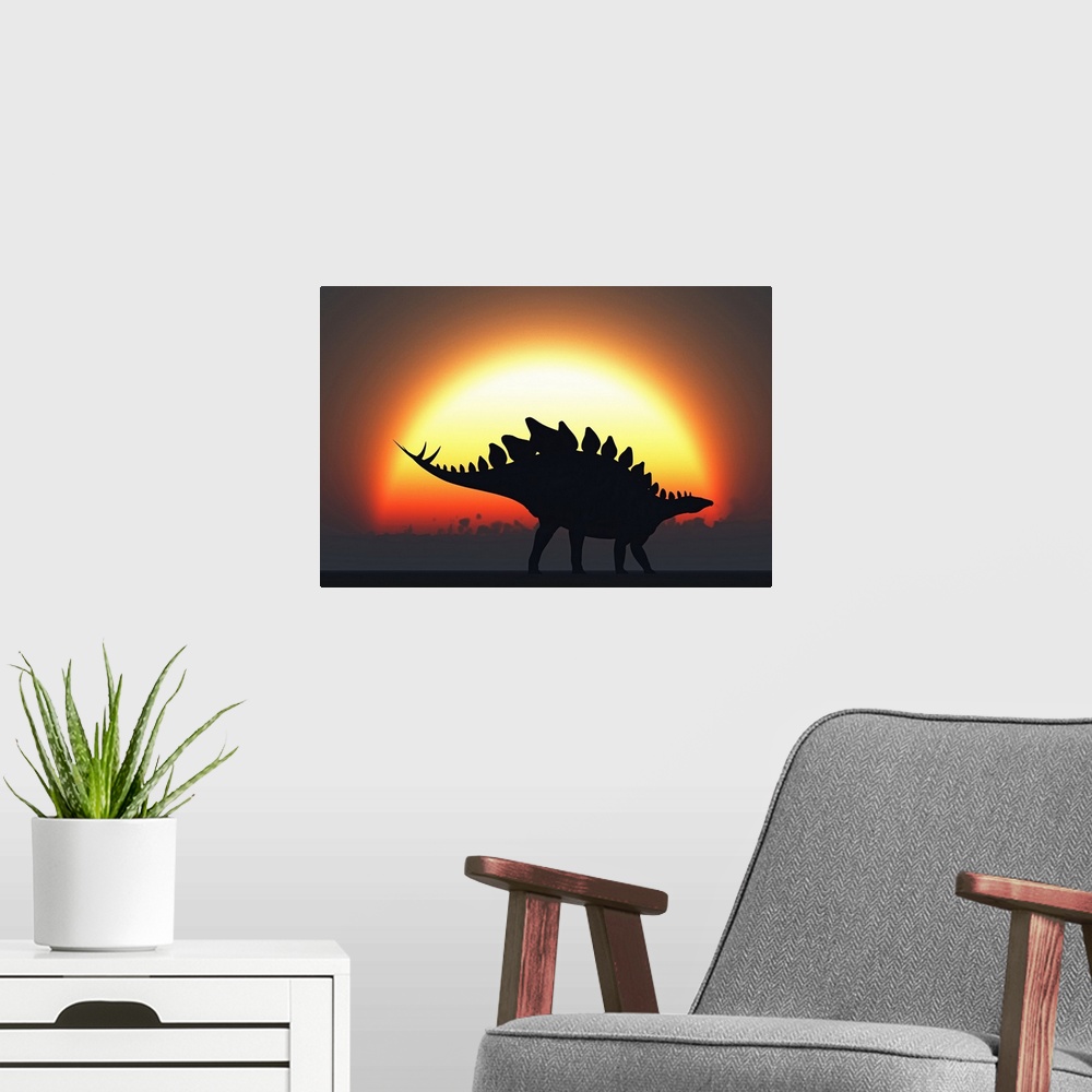 A modern room featuring A Stegosaurus silhouetted against the setting Sun at the end of a prehistoric day.