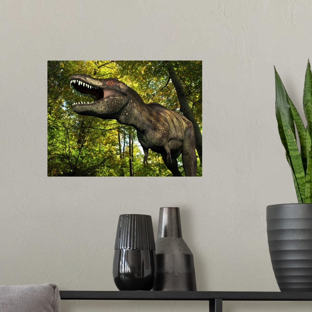 A modern room featuring A seven ton Tyrannosaurus wanders a Cretaceous forest 68 million years ago in what is today the W...