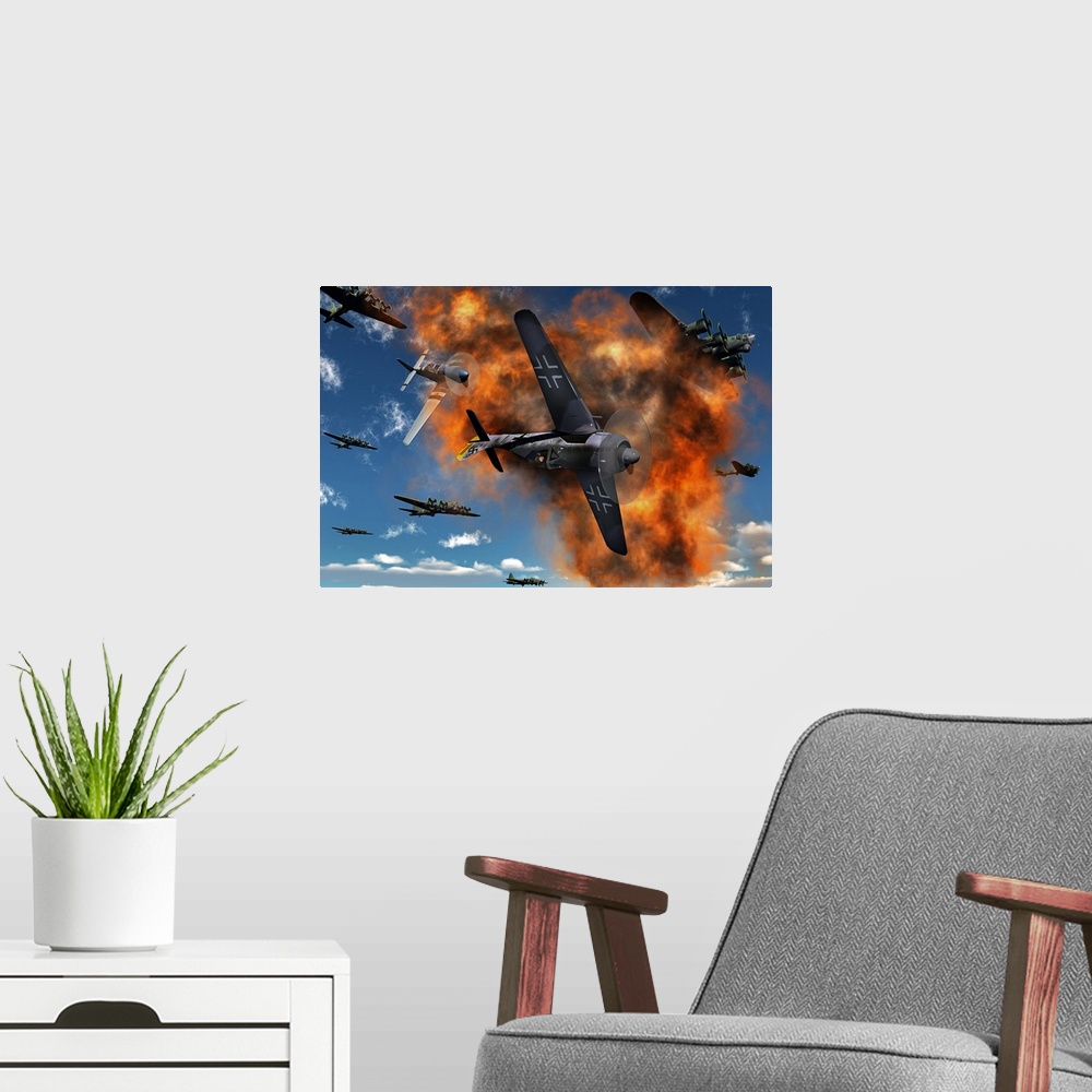 A modern room featuring World War II aerial combat between American P-51 Mustang and German Focke-Wulf 190 fighter planes.