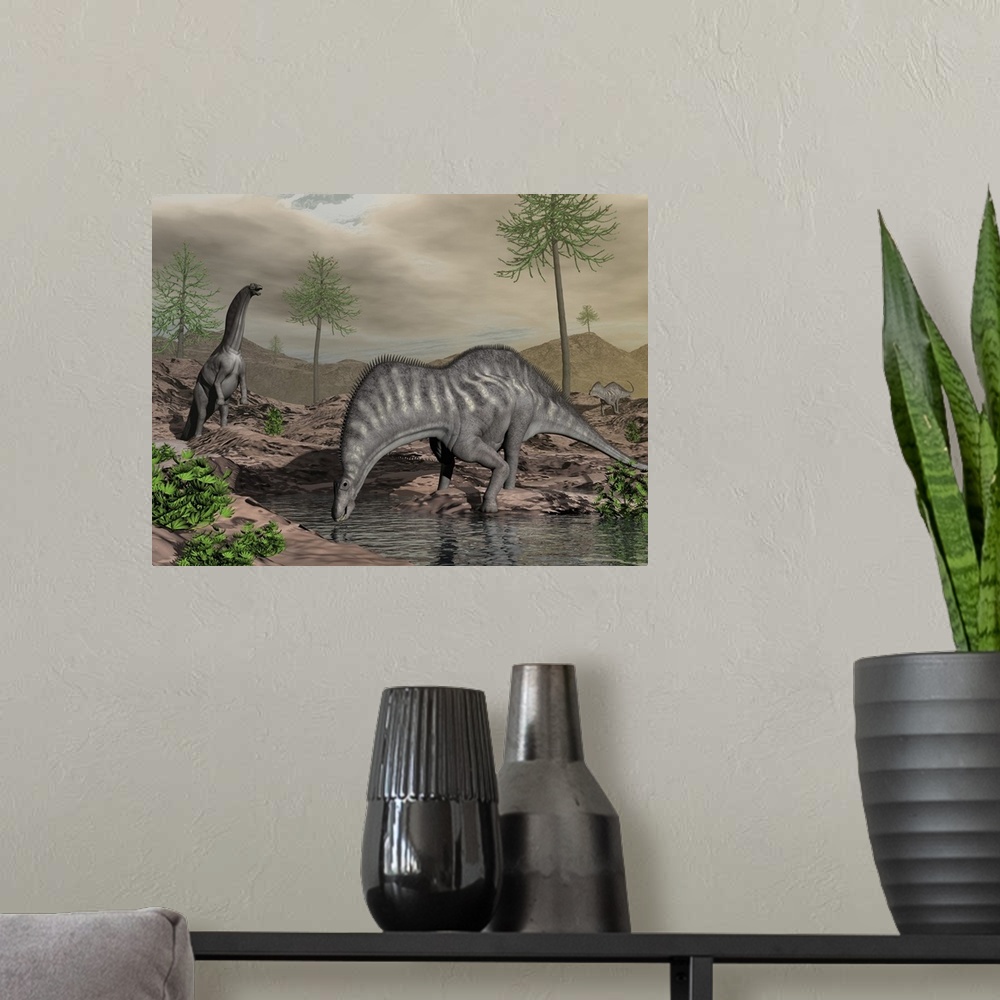 A modern room featuring Amargasaurus dinosaurs drinking from a stream.