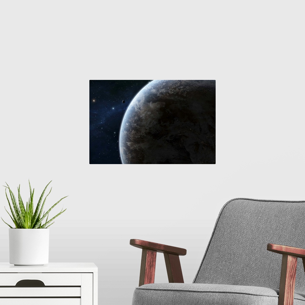 A modern room featuring An earth-like planet in the middle of a calm area of space.