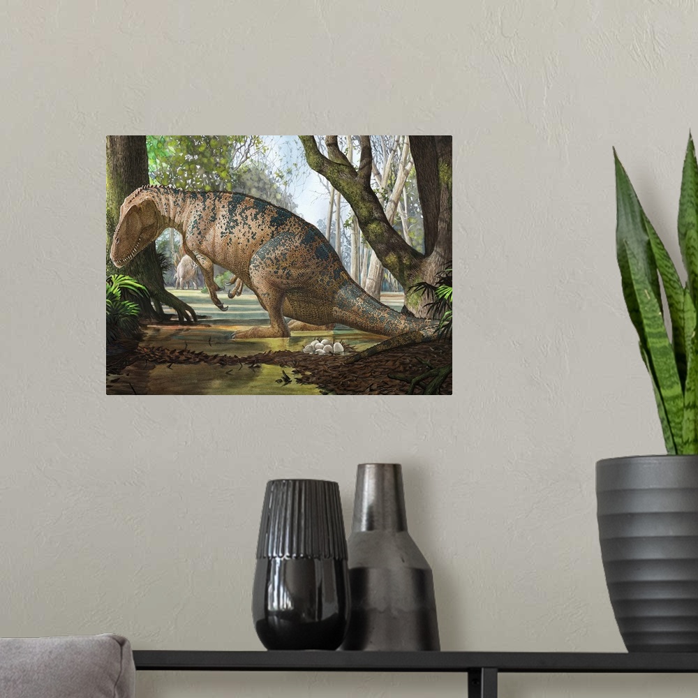 A modern room featuring An Edmarka rex dinosaur finds out that his nest has died due to flooding of the Jurassic forest.
