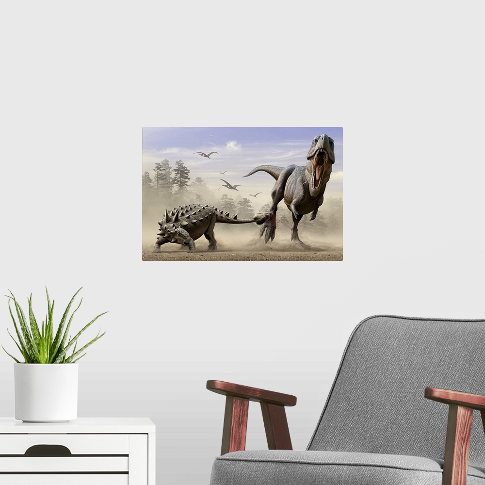 A modern room featuring An Euoplocephalus hits T-Rex's foot by its mace like tail in self-defense.