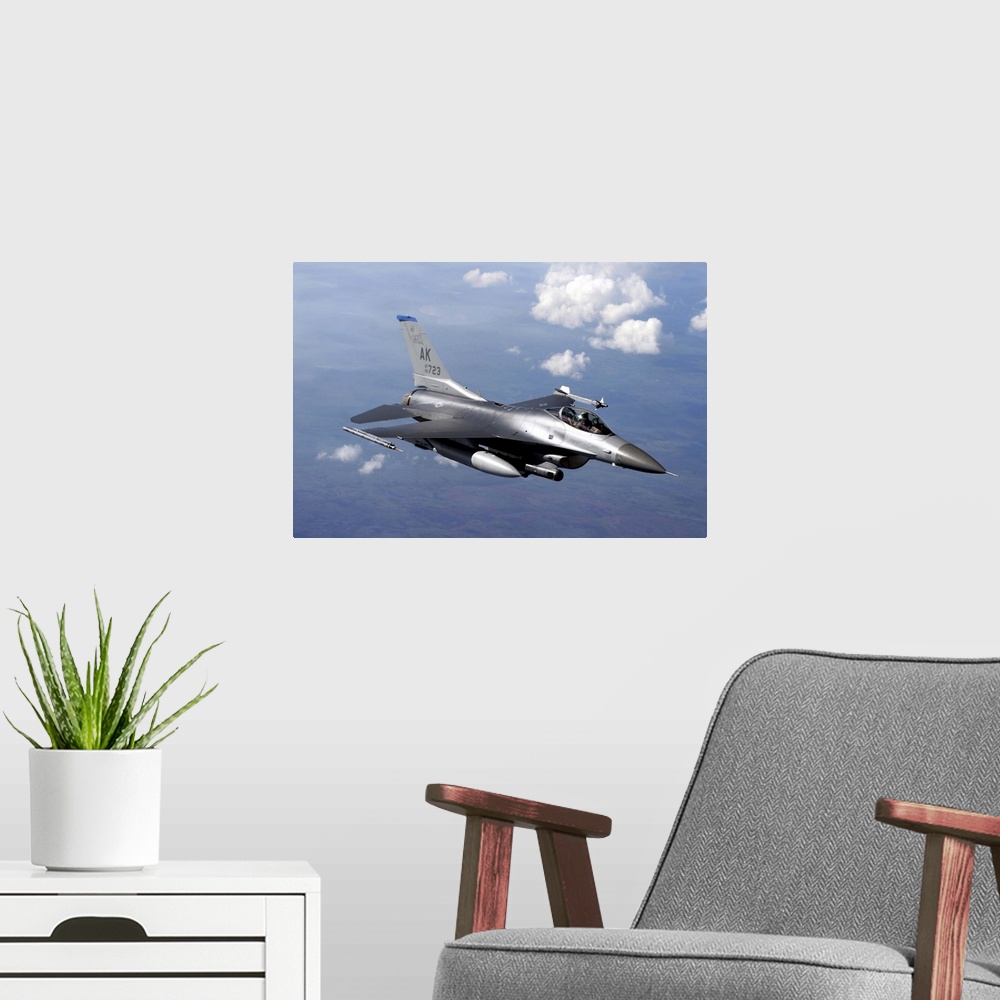 A modern room featuring An F-16 Fighting Falcon prepares to refuel from a KC-135 Stratotanker.
