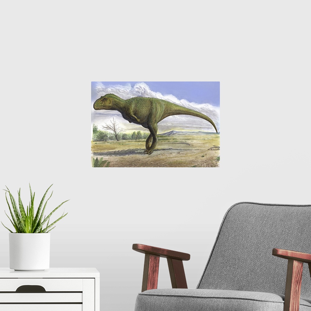 A modern room featuring Aucasaurus garridoi, a prehistoric era dinosaur.