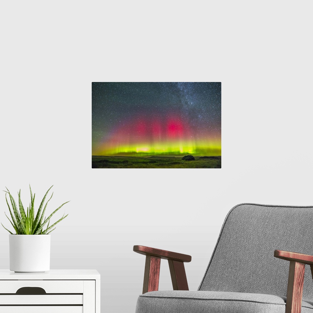 A modern room featuring August 26-27, 2014 - Aurora borealis above Grasslands National Park in Saskatchewan, Canada.
