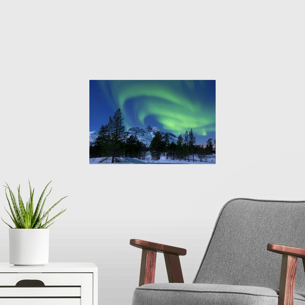 A modern room featuring Aurora Borealis over Nova Mountain Wilderness, Troms, Norway.