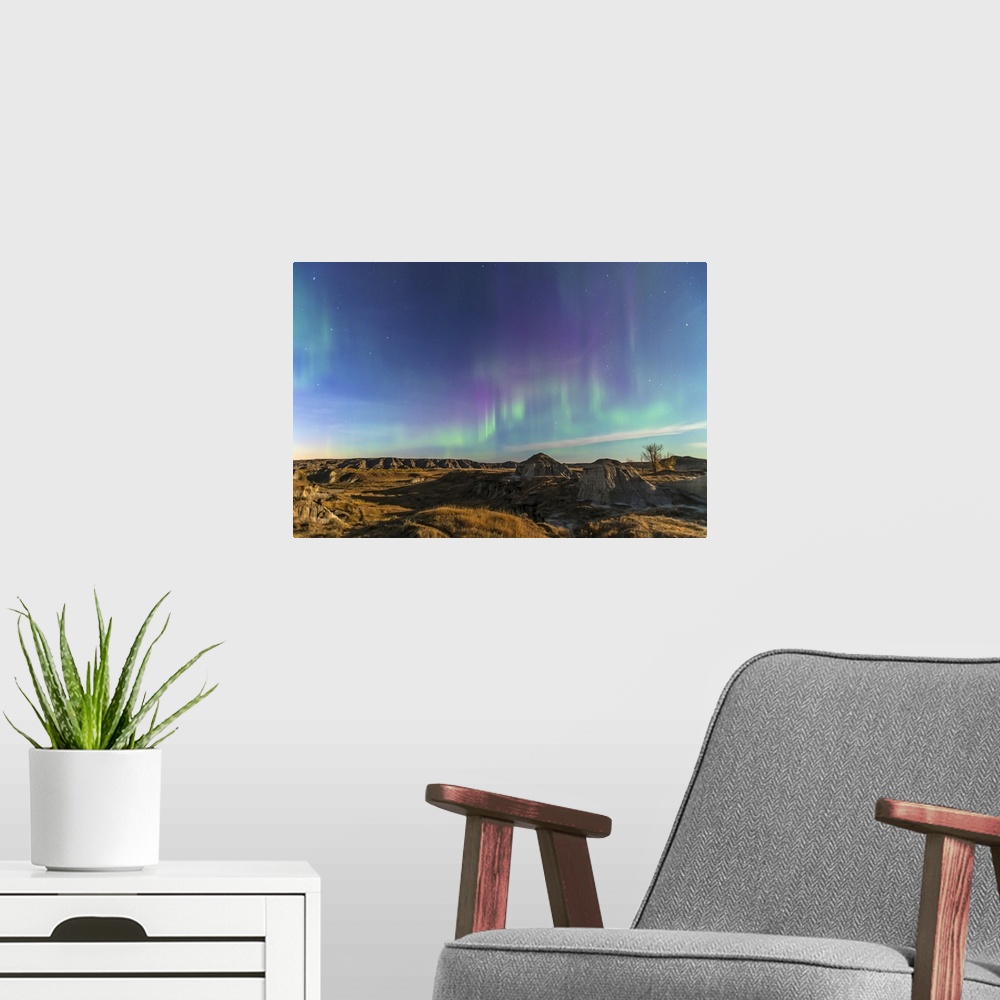 A modern room featuring September 30, 2012 - Aurora borealis over the badlands of Dinosaur Provincial Park, Alberta, Cana...