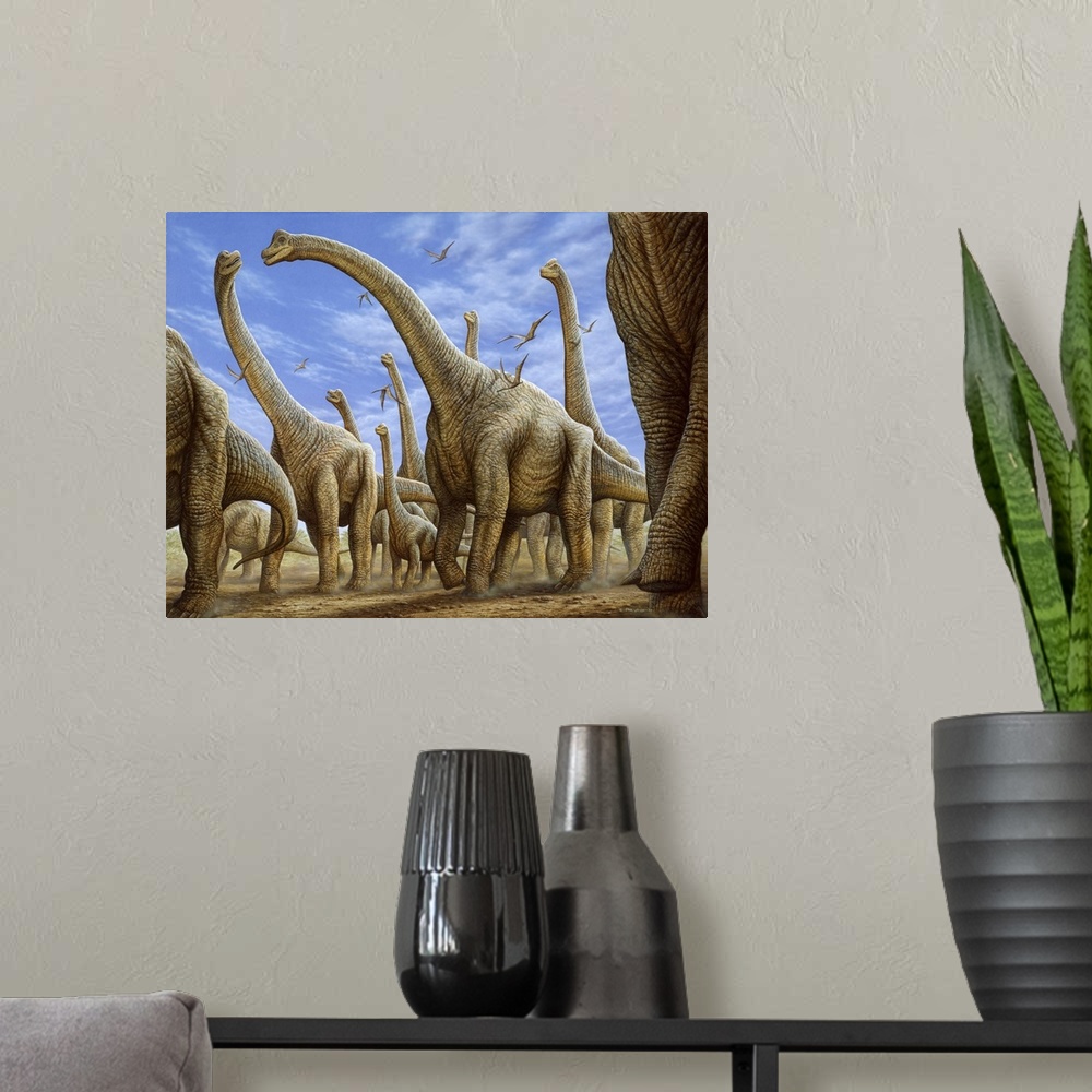 A modern room featuring Brachiosaurus herd on the move.