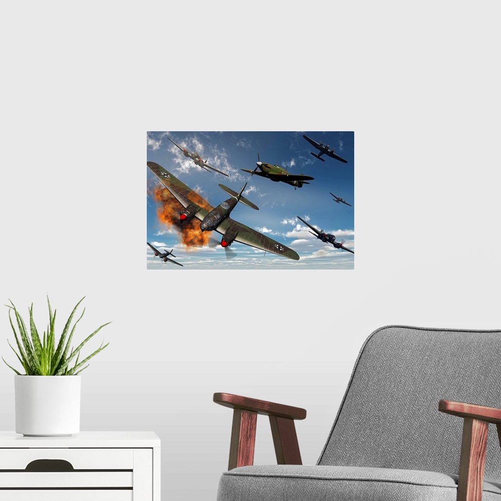 A modern room featuring Artist's concept illustrating British Hawker Hurricane fighter planes attacking German Heinkel He...
