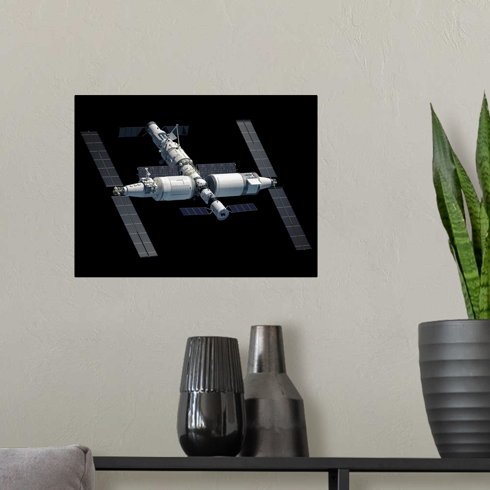 A modern room featuring Chinese Space Station Tiangong 2022, complete view.
