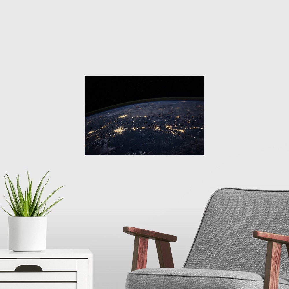 A modern room featuring August 9, 2014 - Nighttime image showing city lights in at least half a dozen southern states fro...