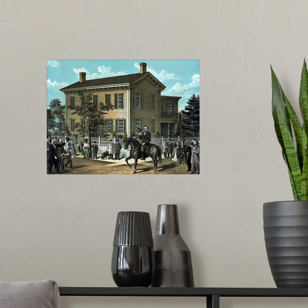 A modern room featuring Civil War print of Abraham Lincoln riding on horseback as a crowd cheers.