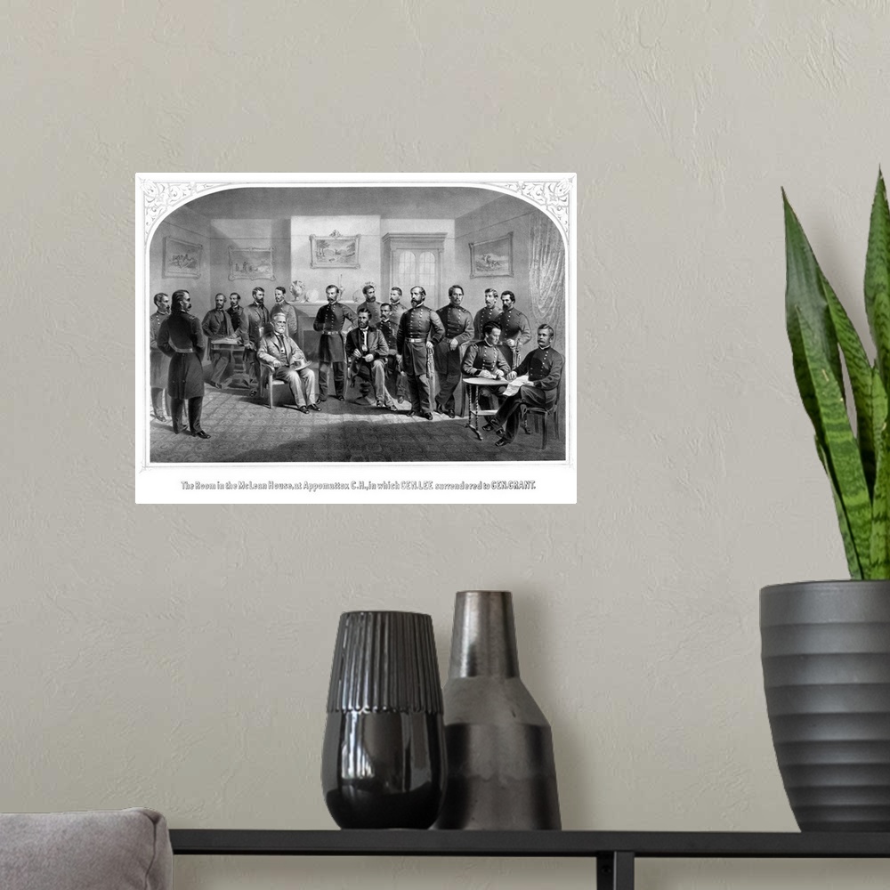 A modern room featuring Vintage Civil War print of General Lee surrendering his Confederate forces to General Grant. It r...