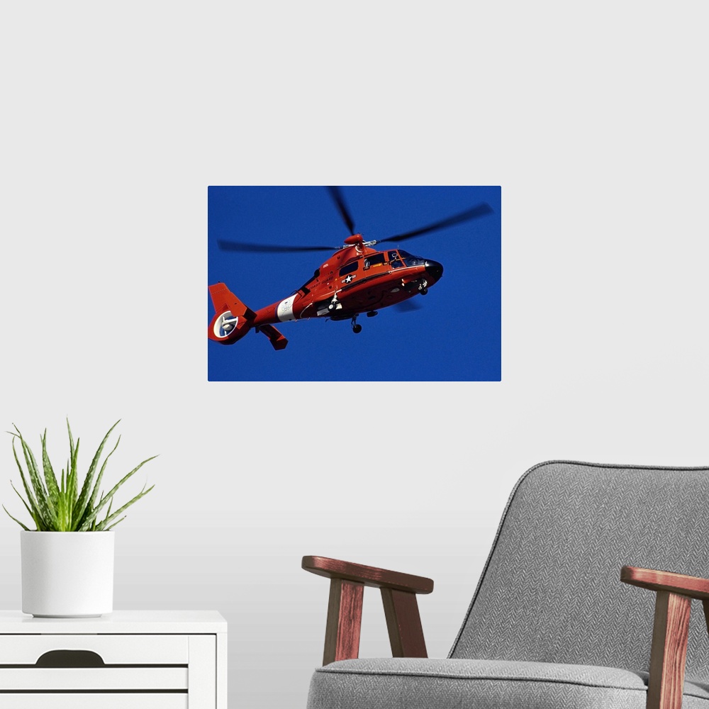 A modern room featuring Coast Guard helicopter