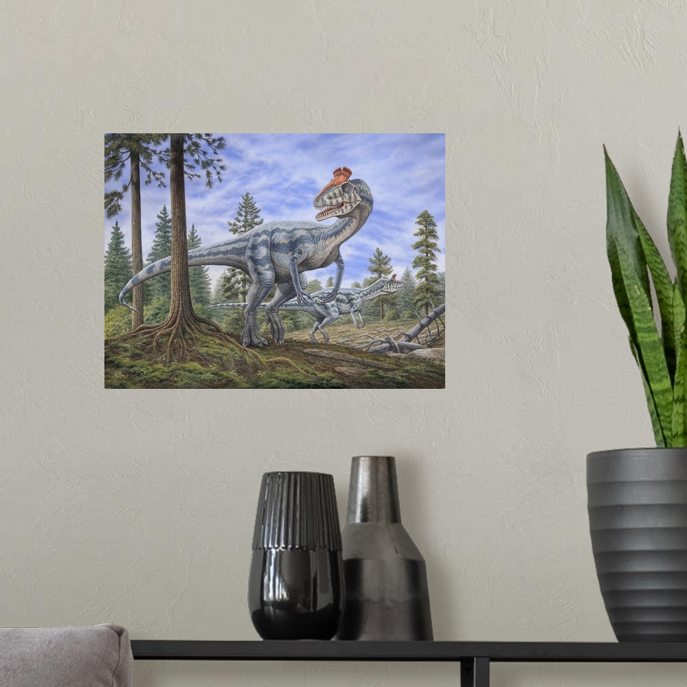 A modern room featuring Cryolophosaurus dinosaurs hunting for prey in a prehistoric environment.