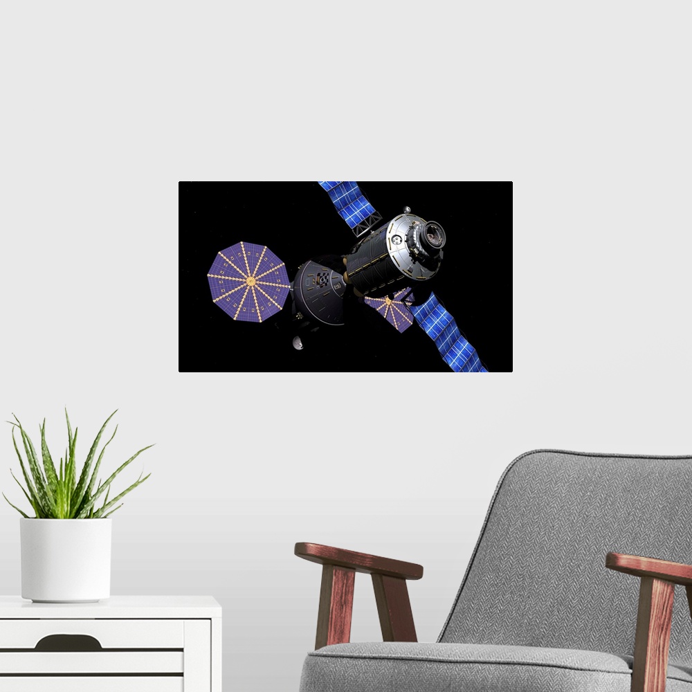 A modern room featuring This image reveals more detail on the Deep Space Vehicle (DSV) and the Extended Stay Module (ESM)...