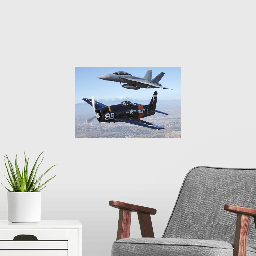 A modern room featuring F/A-18 Hornet and F8F Bearcat flying over Chino, California.