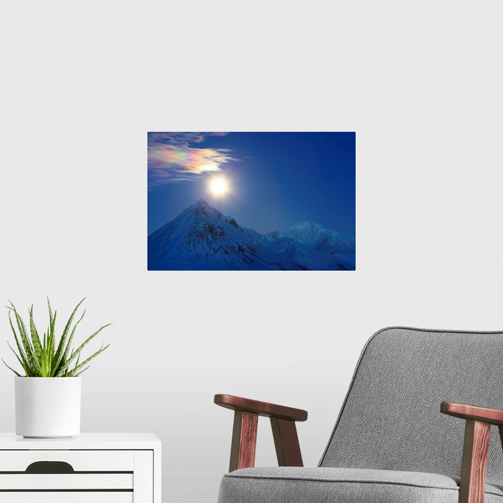 A modern room featuring Full moon with rainbow clouds over Ogilvie Mountains, Tombstone Park, Dempster Highway, Canada.