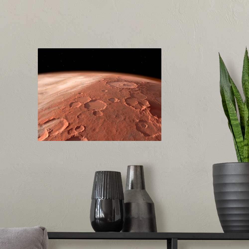 A modern room featuring Unlike the rolling volcanic plains of the north, the southern half of Mars is dominated by older,...