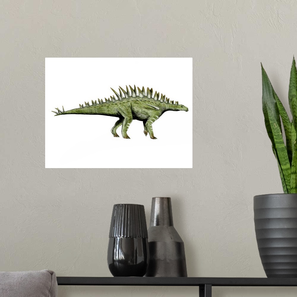 A modern room featuring Huayangosaurus dinosaur, white background.