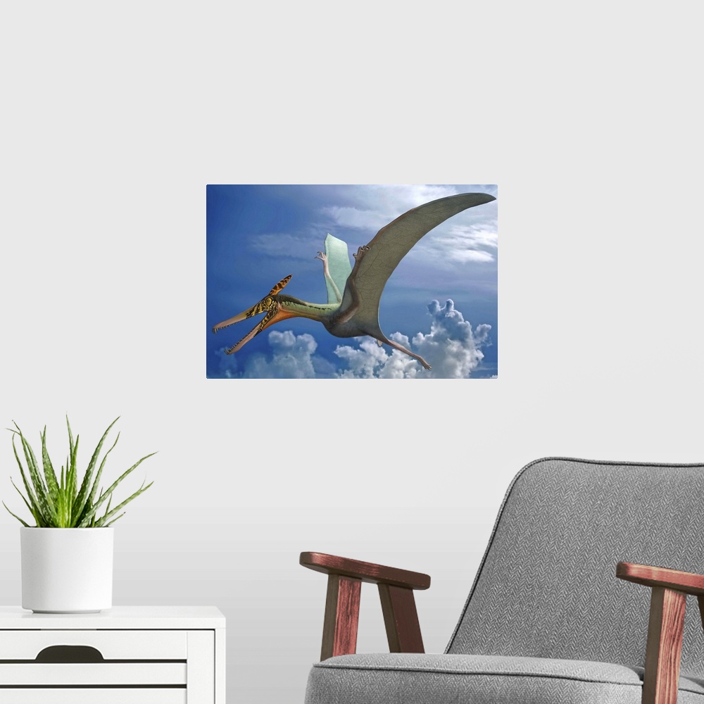 A modern room featuring Ludodactylus sibbicki, a pterosaur from the Lower Cretaceous Crato Formation of Brazil.