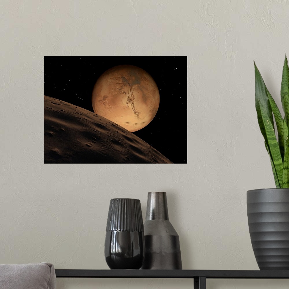 A modern room featuring Mars seen from its outer moon, Deimos.