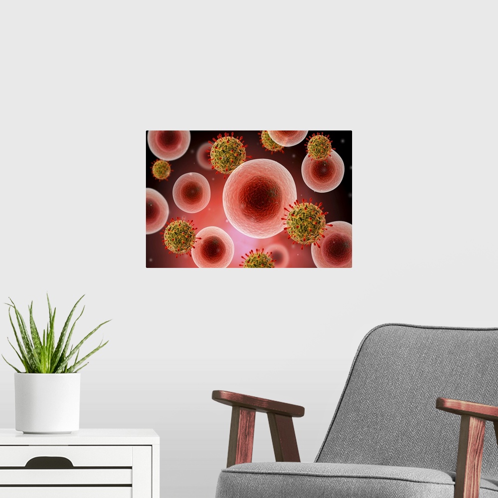 A modern room featuring Microscopic view of cell and virus.