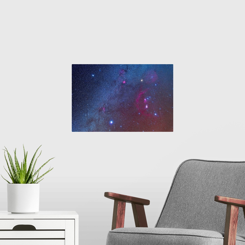 A modern room featuring Orion and the Winter Triangle stars; Sirius, Procyon and Betelgeuse. M50, M46, M47 and M41 open c...