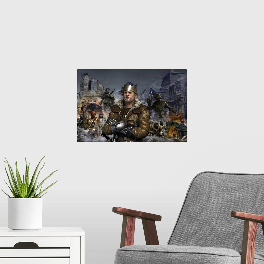 A modern room featuring One world leader. Partisan and rebels on the left of the king and a government military on the ri...