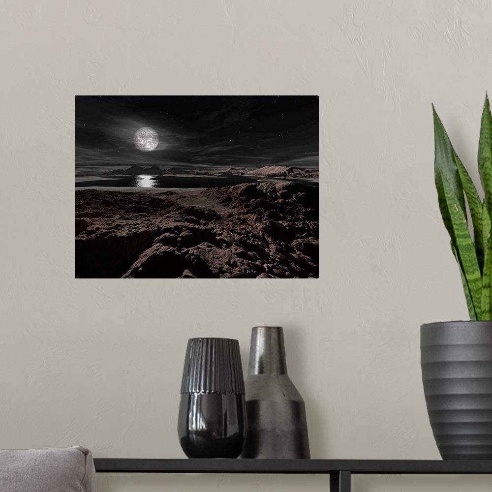 A modern room featuring Pluto's moon, Charon, hovers above the pinkish, frozen landscape of the icy planet.