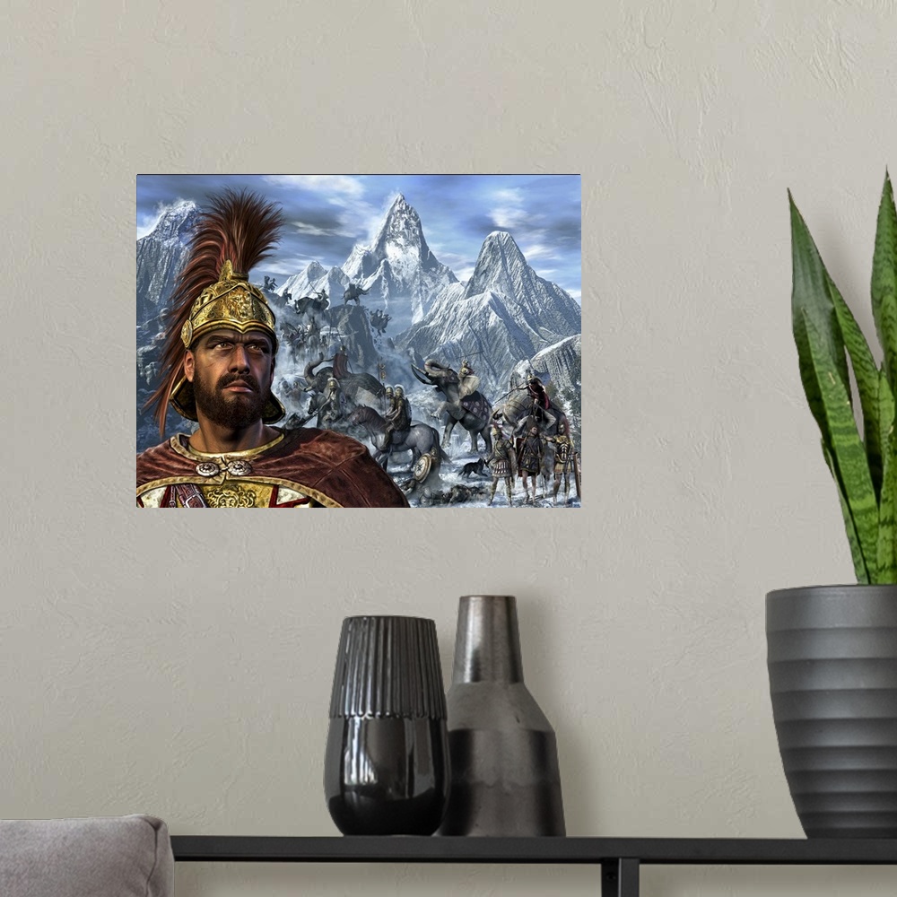 A modern room featuring Portrait of Hannibal and his troops crossing the Alps.