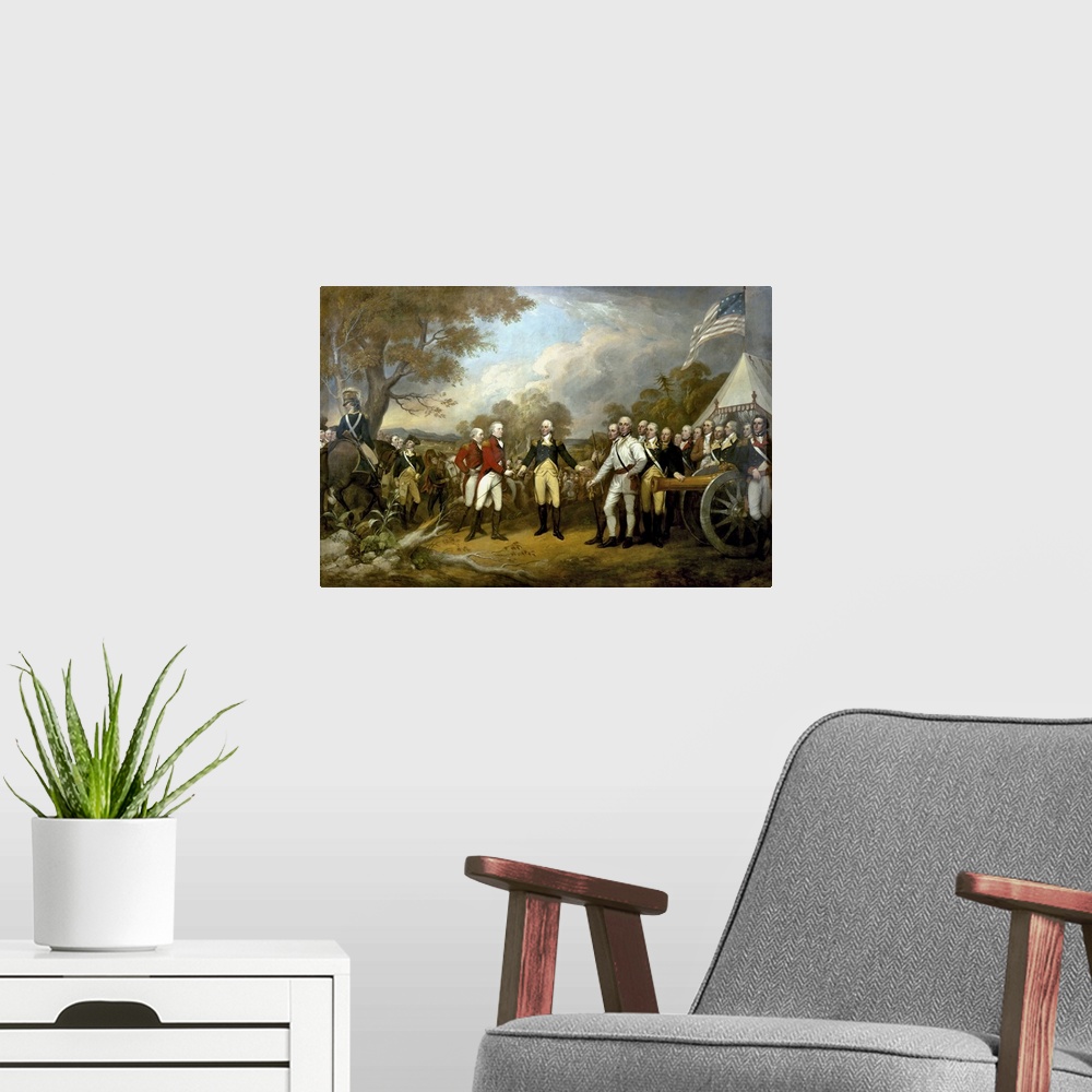 A modern room featuring Revolutionary War Painting showing the surrender of British General John Burgoyne at Saratoga, on...