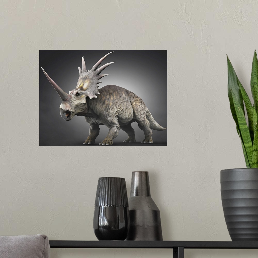 A modern room featuring Styracosaurus dinosaur.