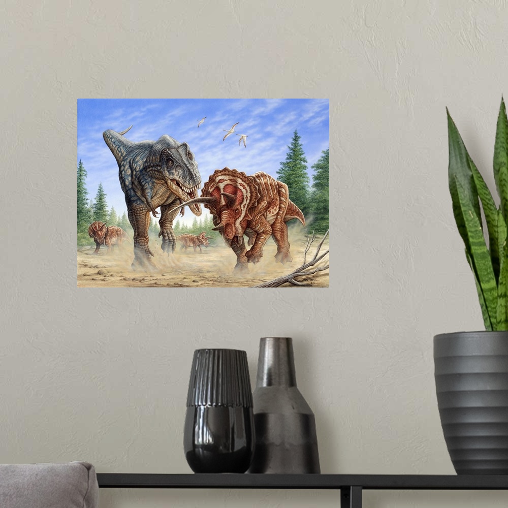 A modern room featuring T-rex fighting a group of Triceratops.