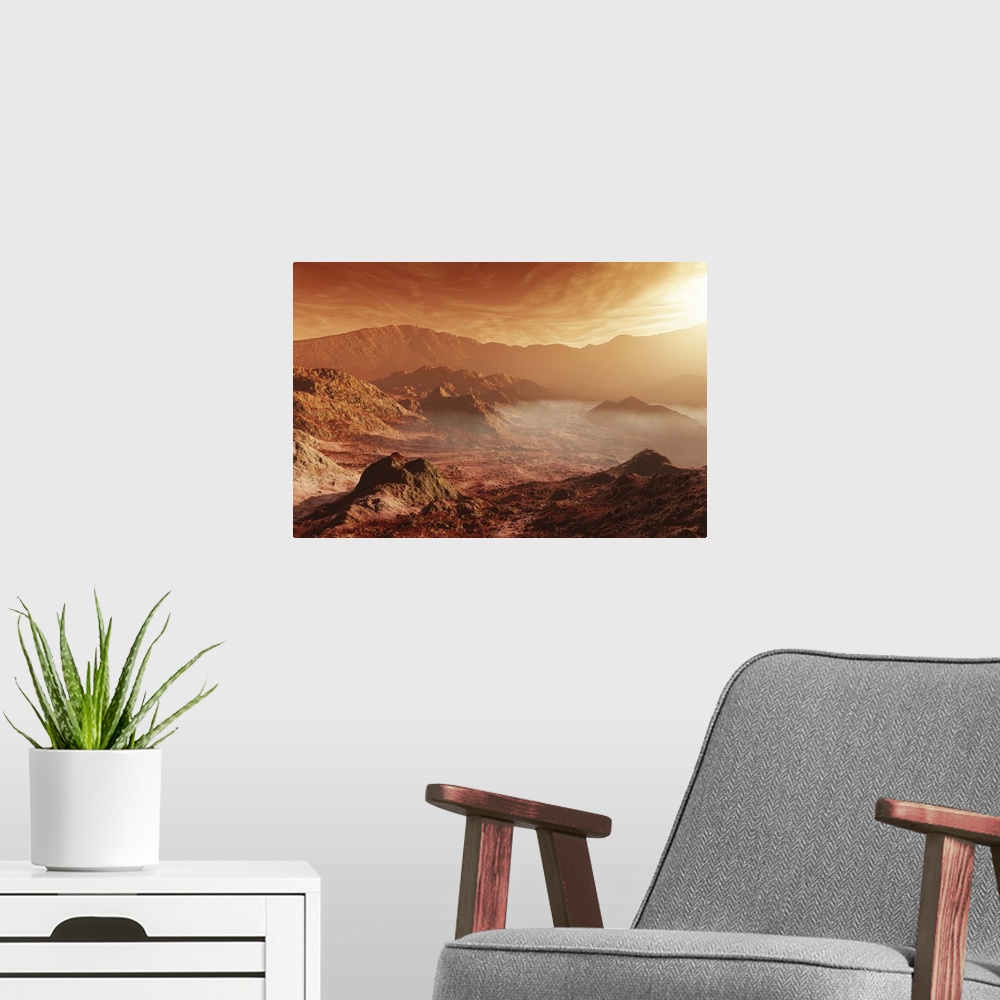 A modern room featuring The Martian sun sets over the high walls of Mojave Crater.