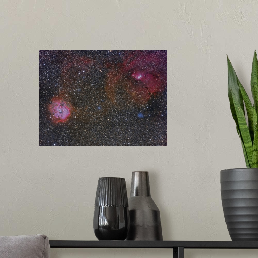 A modern room featuring The Monoceros region showing the Rosette Nebula, Cone Nebula and Christmas Tree Cluster.