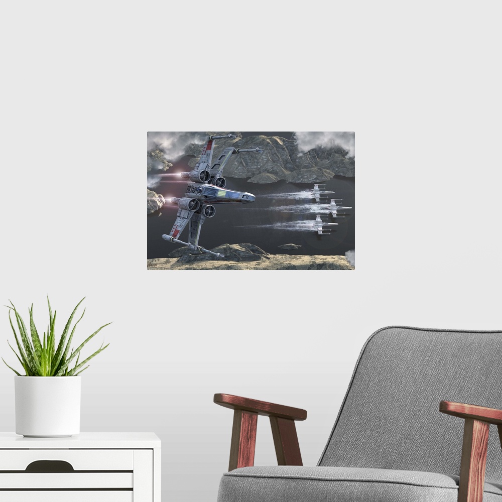 A modern room featuring A fleet of X-Wings flying through a rocky valley.