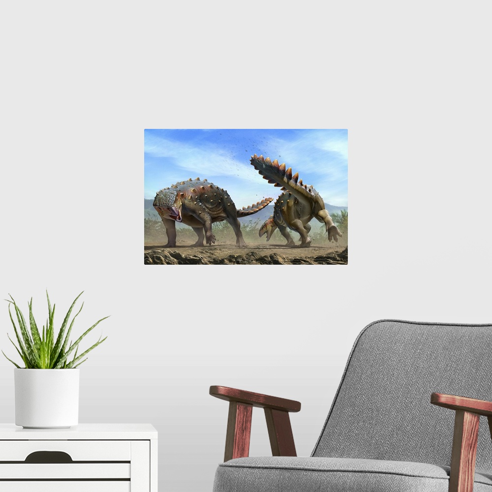 A modern room featuring Two Stegouros elengassen dinosaurs fighting.
