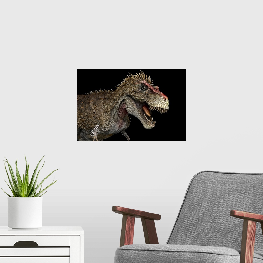 A modern room featuring Tyrannosaurus rex dinosaur, profile view.