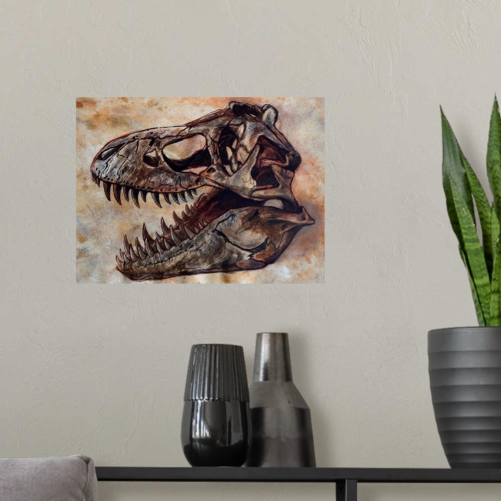 A modern room featuring Tyrannosaurus rex dinosaur skull on textured background.