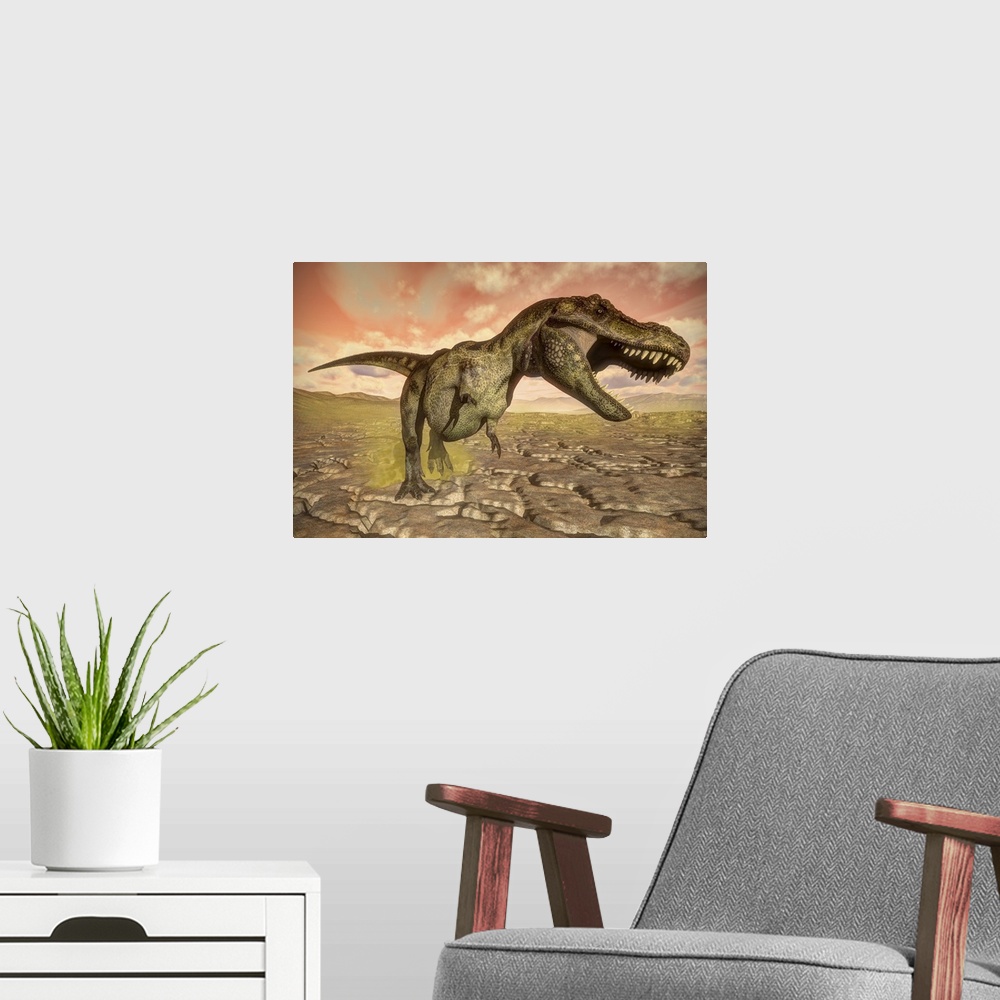 A modern room featuring Tyrannosaurus rex roaring.