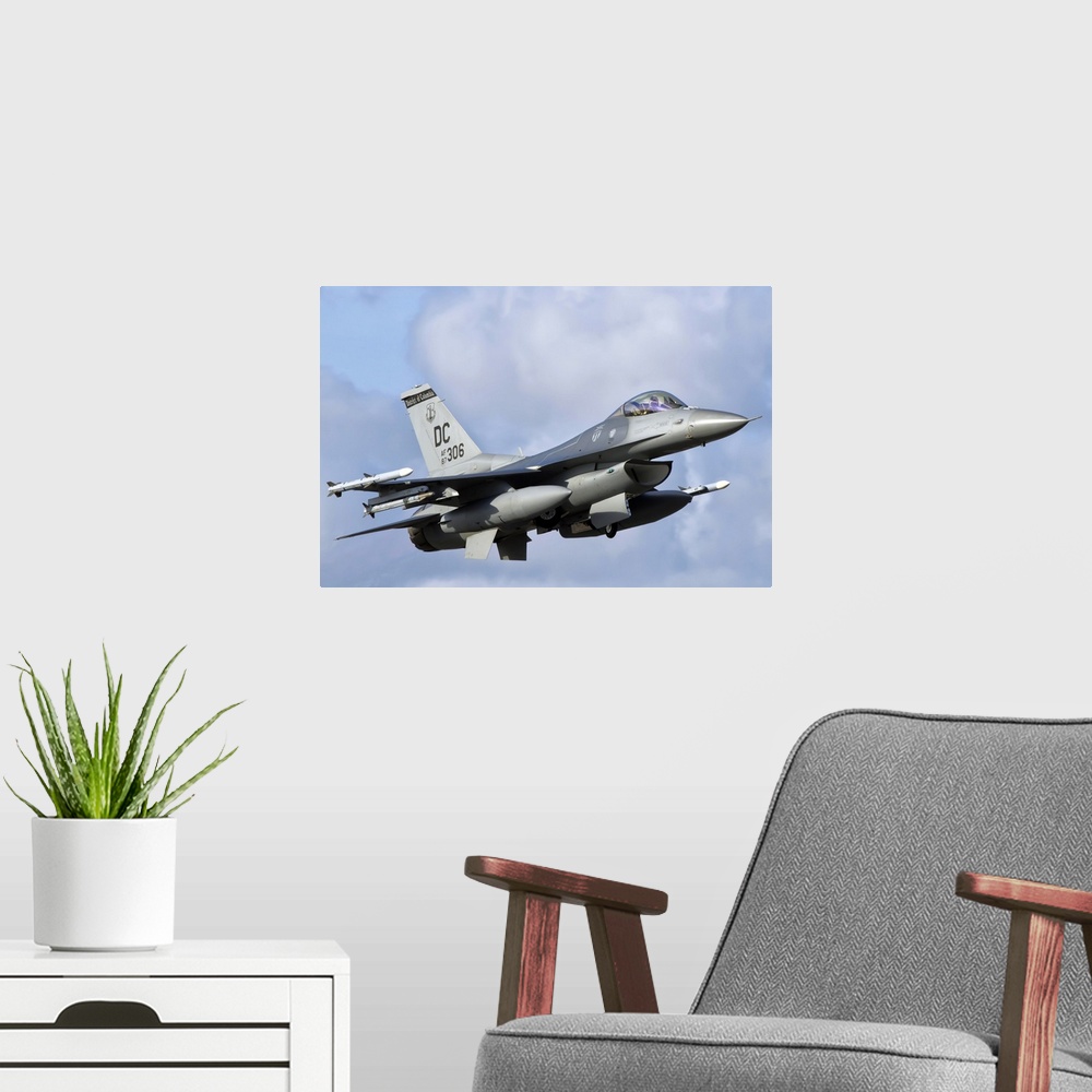 A modern room featuring U.S. Air Force F-16 Fighting Falcon flying over Brazil.