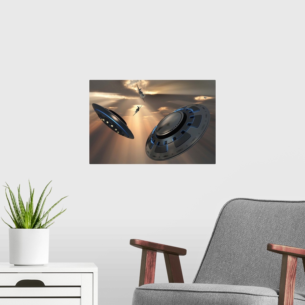 A modern room featuring A 3D conceptual image illustrating UFO's and fighter planes in the skies over Roswell, New Mexico...