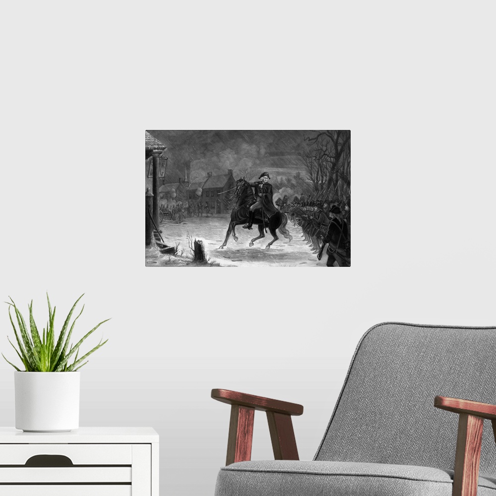 A modern room featuring Vintage American History print of General George Washington at The Battle of Trenton.