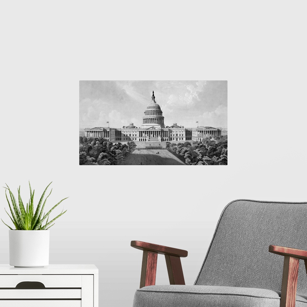 A modern room featuring Vintage architecture print of The United States Capitol Building.