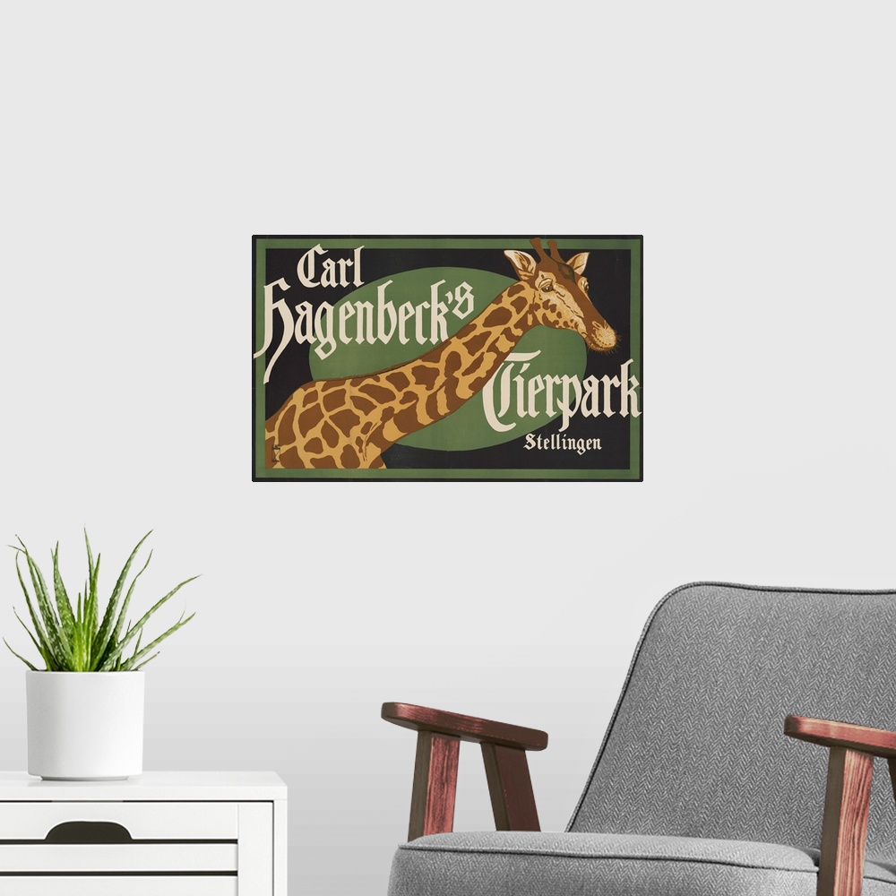 A modern room featuring Vintage Carl Hagenbeck's Tierpark Circus Poster Of A Giraffe, 1916